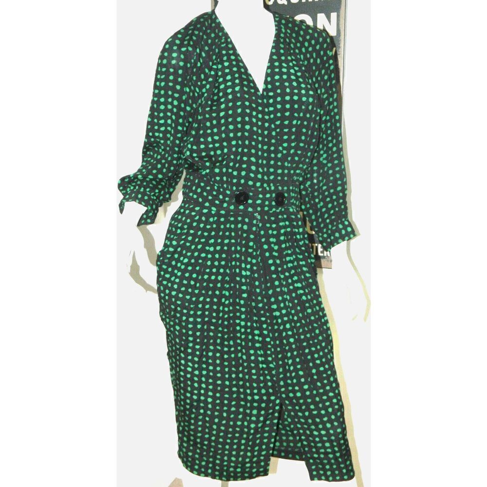 Joan Martin Dress Vintage Size 4 Black‎ Green Polka Dots Pencil Dress Pockets